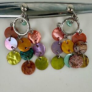 Vintage Clip on Multi-Color Disk Drop Earrings - Women Jewelry